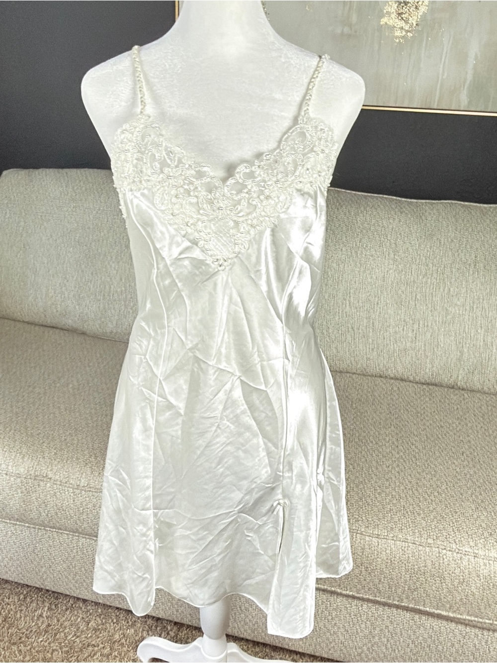 Delicate Lace-Trim Satin Slip Chemise in Ivory